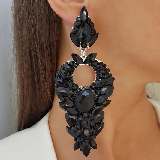 Black Large Rhinestone Dangle Earrings